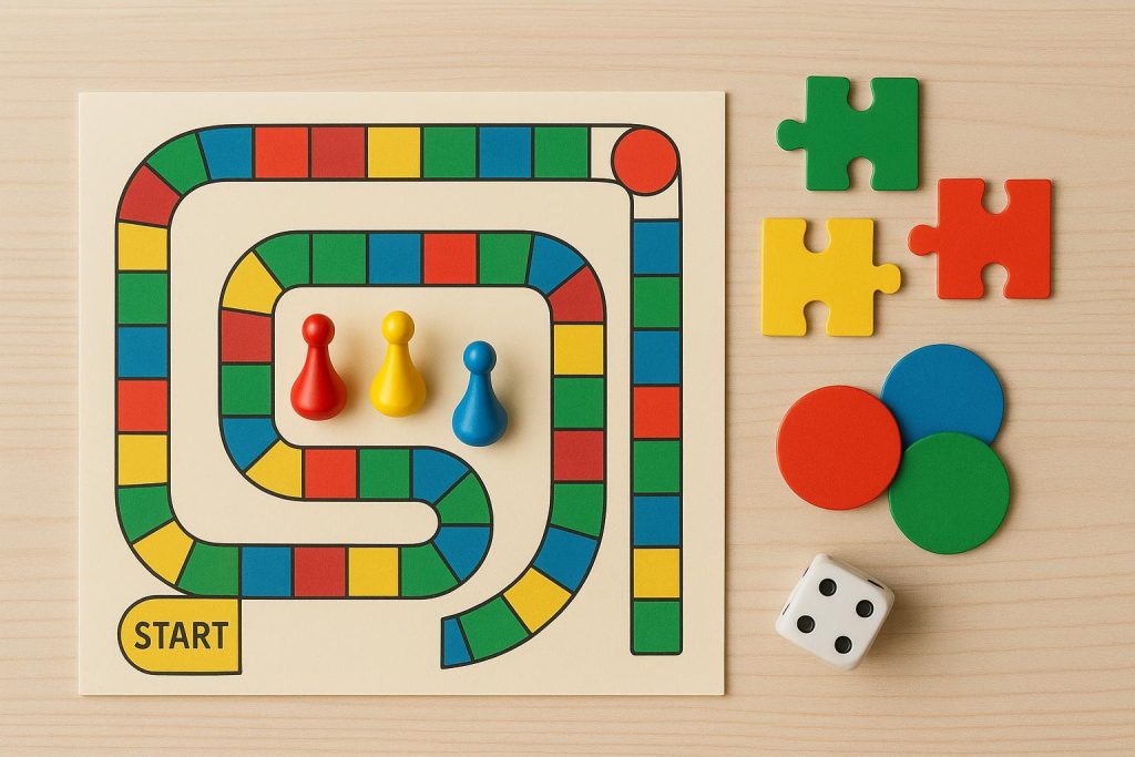 Family enjoying a board game together at home, fostering learning and bonding for children