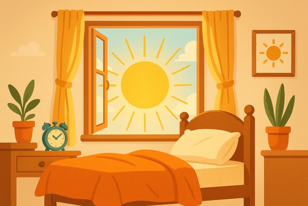 Bright sunrise over a bedroom window, symbolizing a refreshed morning and energized wake-up routine