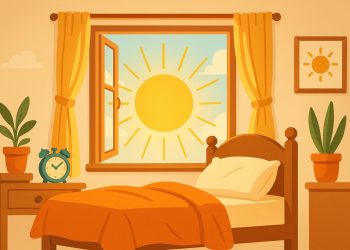Bright sunrise over a bedroom window, symbolizing a refreshed morning and energized wake-up routine