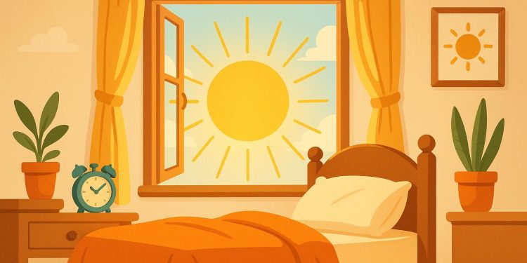 Bright sunrise over a bedroom window, symbolizing a refreshed morning and energized wake-up routine
