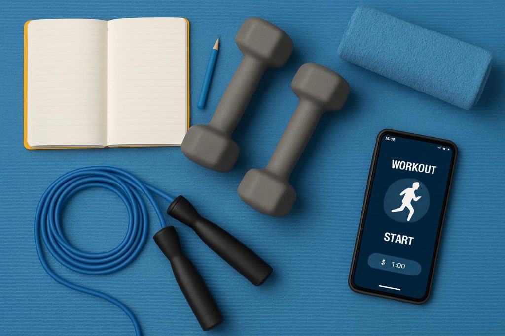 Athletic gear, water bottle, and sneakers arranged for a beginner workout preparation scene