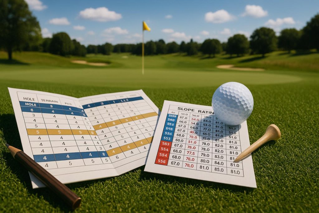 Golf course slope and challenge ratings illustrated with course layout and rating markers