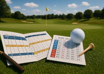 Golf course slope and challenge ratings illustrated with course layout and rating markers