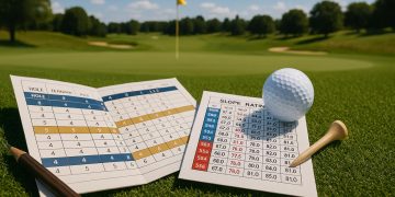 Golf course slope and challenge ratings illustrated with course layout and rating markers