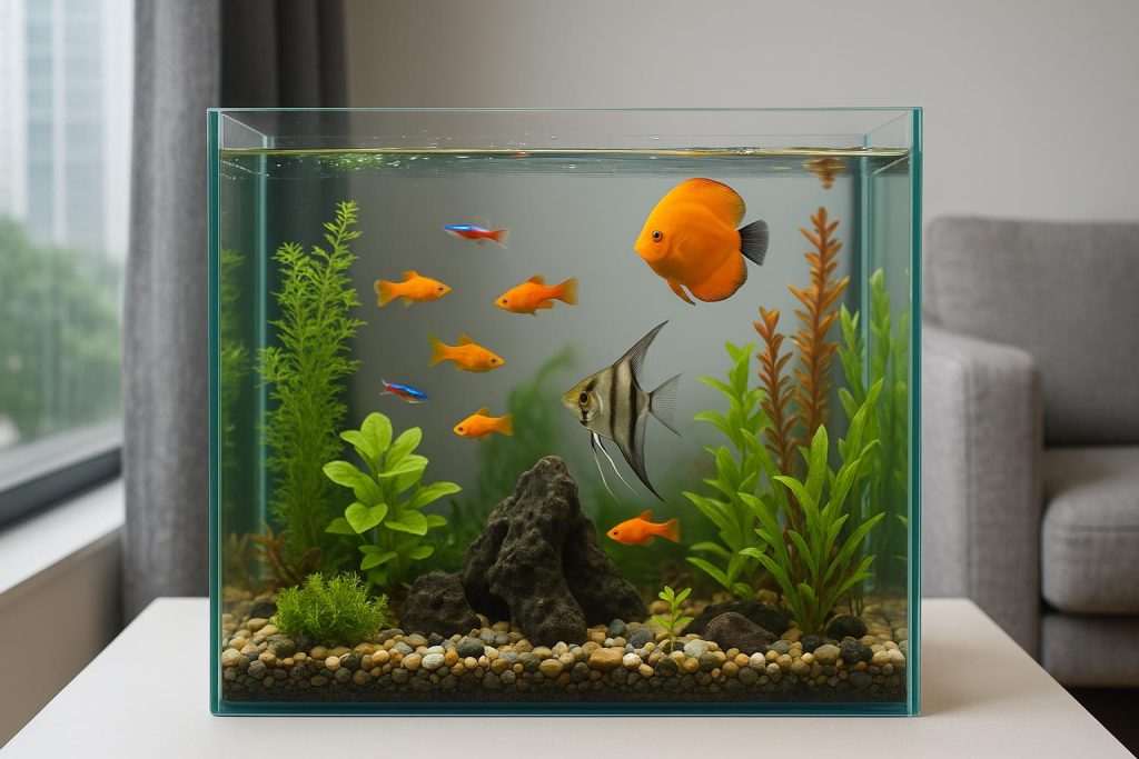 Colorful tropical fish swimming in a modern condo aquarium with aquatic plants and clear water
