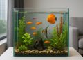 Colorful tropical fish swimming in a modern condo aquarium with aquatic plants and clear water