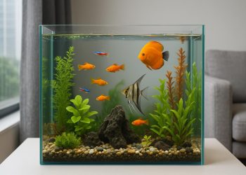 Colorful tropical fish swimming in a modern condo aquarium with aquatic plants and clear water