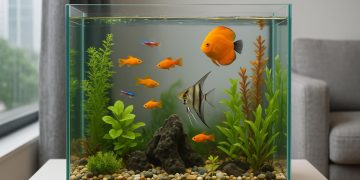 Colorful tropical fish swimming in a modern condo aquarium with aquatic plants and clear water