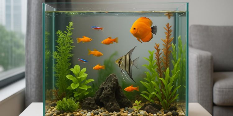 Colorful tropical fish swimming in a modern condo aquarium with aquatic plants and clear water