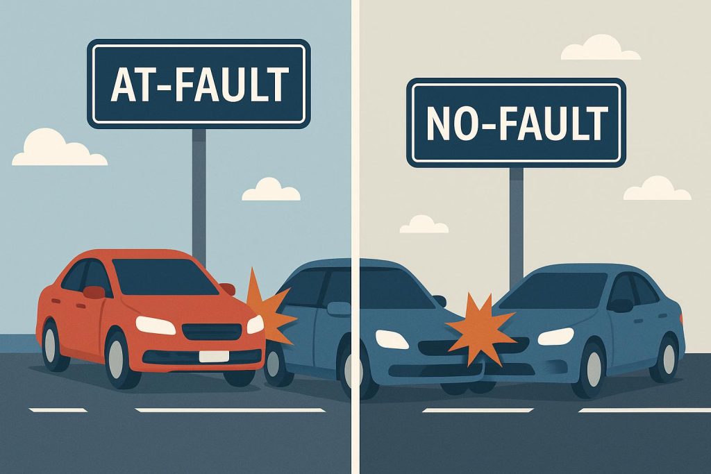 Car accident scene illustrating the difference between at-fault and no-fault auto insurance policies