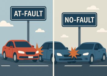 Car accident scene illustrating the difference between at-fault and no-fault auto insurance policies