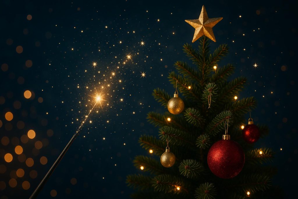 Glowing Christmas tree with sparkling ornaments and festive decorations in cozy holiday setting