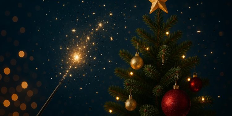 Glowing Christmas tree with sparkling ornaments and festive decorations in cozy holiday setting