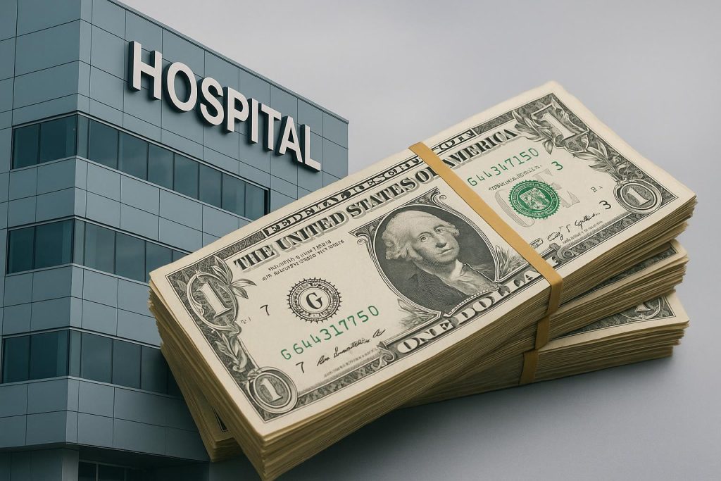 Modern hospital exterior symbolizing healthcare funding challenges and limited government support