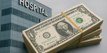 Modern hospital exterior symbolizing healthcare funding challenges and limited government support