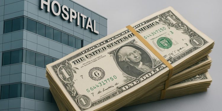 Modern hospital exterior symbolizing healthcare funding challenges and limited government support