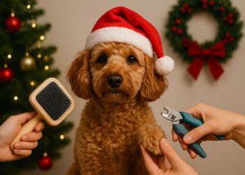 Dog receiving festive grooming with holiday decorations, showcasing pet care for the holiday season