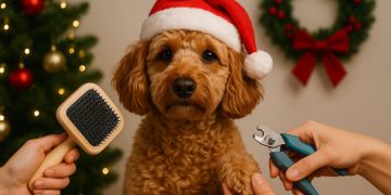 Dog receiving festive grooming with holiday decorations, showcasing pet care for the holiday season