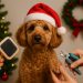 Dog receiving festive grooming with holiday decorations, showcasing pet care for the holiday season