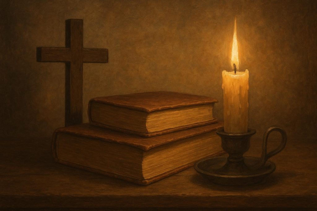 Open Bible on wooden table with cross symbolizing Christian debate on free will and predestination