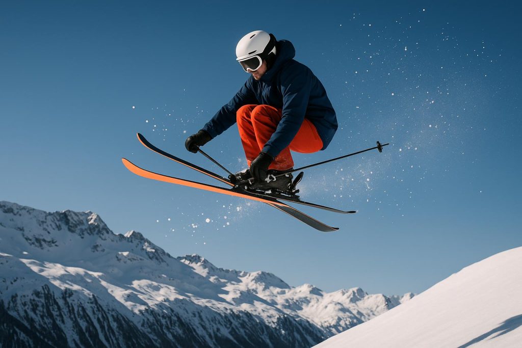 Freestyle skiing action on snow-covered slopes highlighting Thomas Guglielmo’s athletic skills