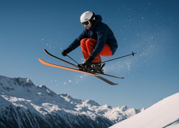 Freestyle skiing action on snow-covered slopes highlighting Thomas Guglielmo’s athletic skills