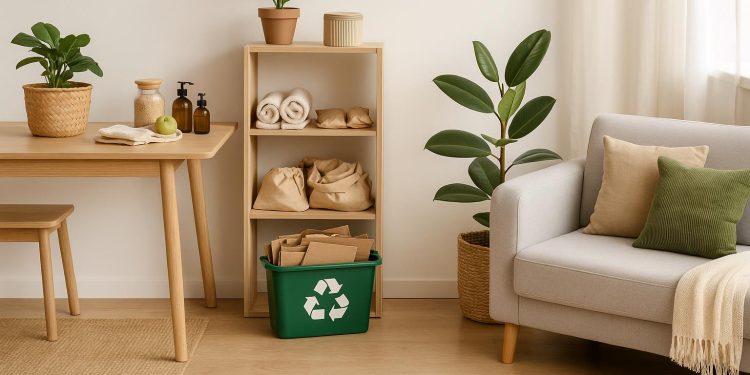 Eco-friendly condo kitchen with recycling bins and reusable containers for waste reduction
