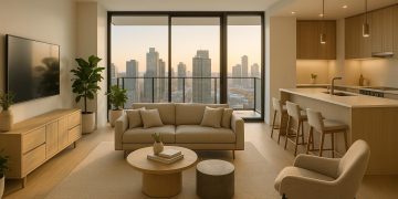 Modern condominium building exterior showcasing amenities and urban lifestyle features