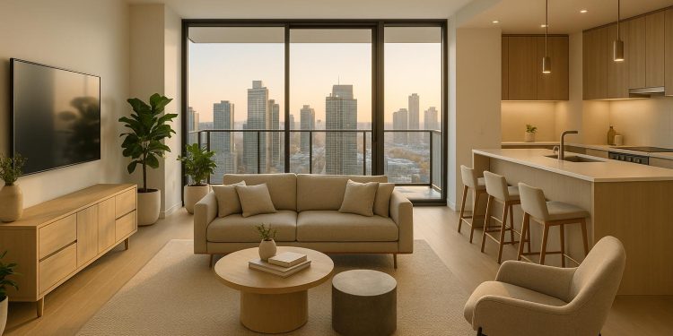 Modern condominium building exterior showcasing amenities and urban lifestyle features