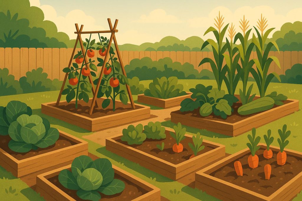 Raised vegetable garden beds with fresh plants, illustrating easy gardening for beginners