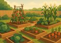 Raised vegetable garden beds with fresh plants, illustrating easy gardening for beginners