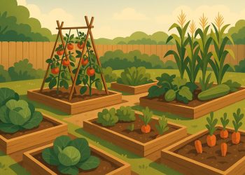 Raised vegetable garden beds with fresh plants, illustrating easy gardening for beginners