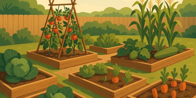 Raised vegetable garden beds with fresh plants, illustrating easy gardening for beginners