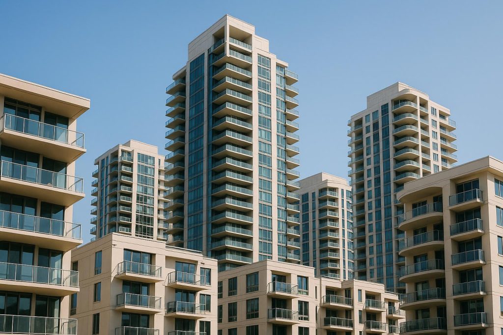 Modern high-rise condominium exterior highlighting quality building features and amenities