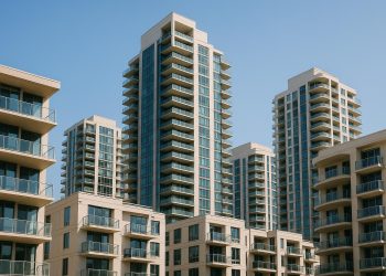 Modern high-rise condominium exterior highlighting quality building features and amenities