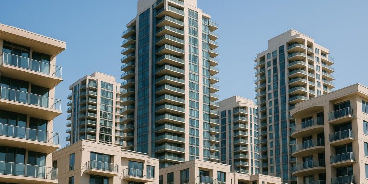Modern high-rise condominium exterior highlighting quality building features and amenities