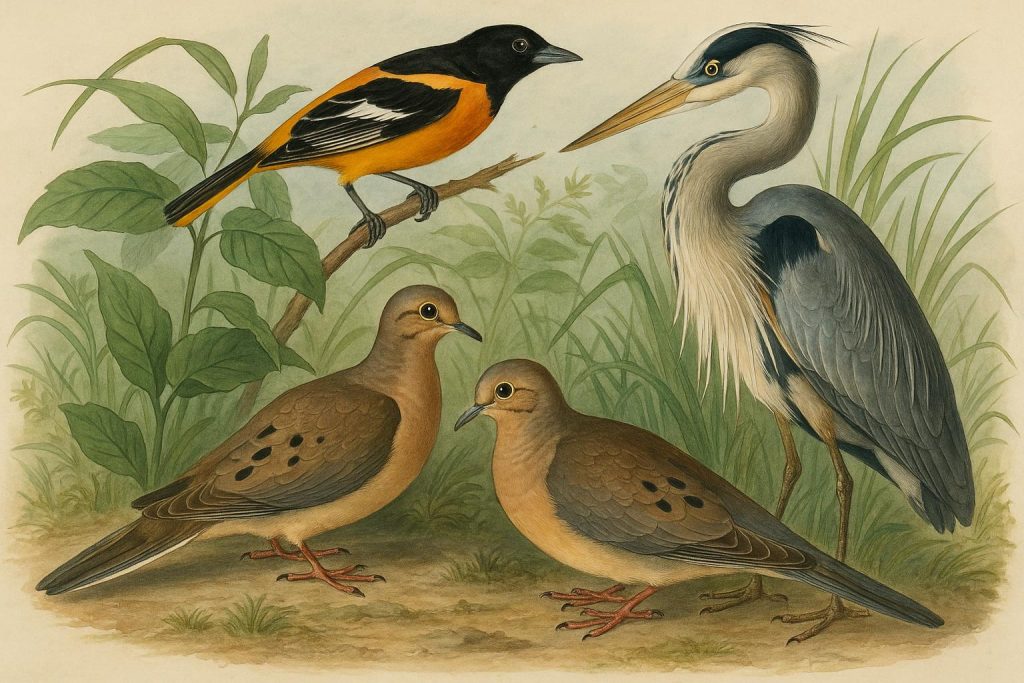 Colorful Audubon bird illustration highlighting Joel Bartsch’s notable ornithological discoveries