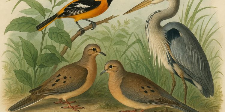 Colorful Audubon bird illustration highlighting Joel Bartsch’s notable ornithological discoveries