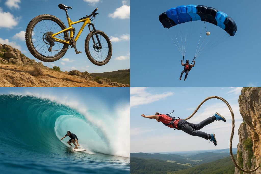 Skydiver freefalling above mountains, showcasing extreme adrenaline sports adventure