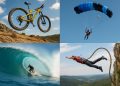 Skydiver freefalling above mountains, showcasing extreme adrenaline sports adventure