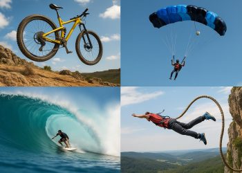 Skydiver freefalling above mountains, showcasing extreme adrenaline sports adventure