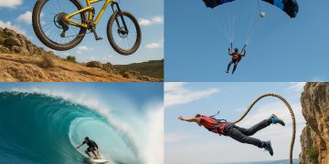 Skydiver freefalling above mountains, showcasing extreme adrenaline sports adventure