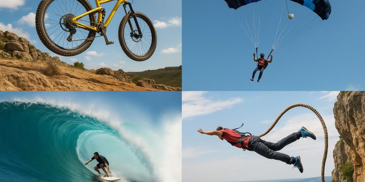 Skydiver freefalling above mountains, showcasing extreme adrenaline sports adventure