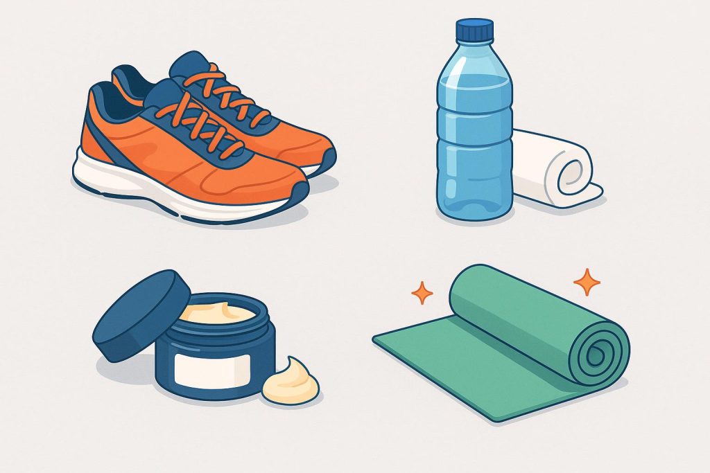 Recovery essentials for runners, including stretching, hydration, nutrition, and foam rolling