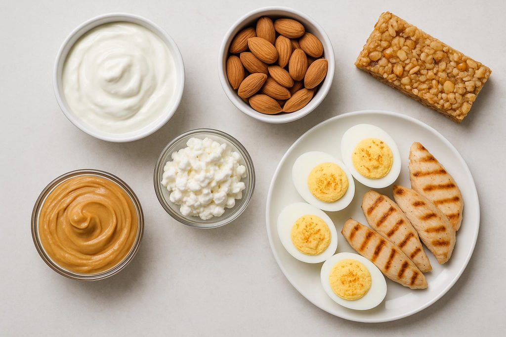 Assorted high-protein snacks including nuts, yogurt, eggs, and protein bars on a kitchen counter
