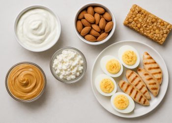 Assorted high-protein snacks including nuts, yogurt, eggs, and protein bars on a kitchen counter