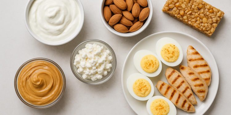 Assorted high-protein snacks including nuts, yogurt, eggs, and protein bars on a kitchen counter