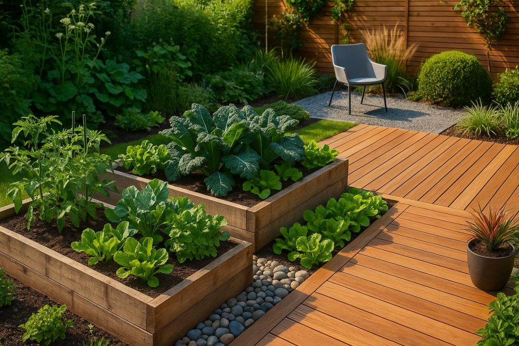 Modern garden with eco-friendly features, vertical planters, stylish wooden decking, lush greenery