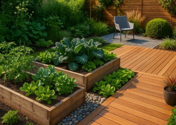 Modern garden with eco-friendly features, vertical planters, stylish wooden decking, lush greenery
