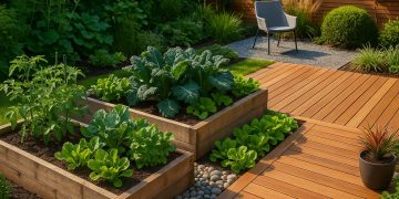 Modern garden with eco-friendly features, vertical planters, stylish wooden decking, lush greenery
